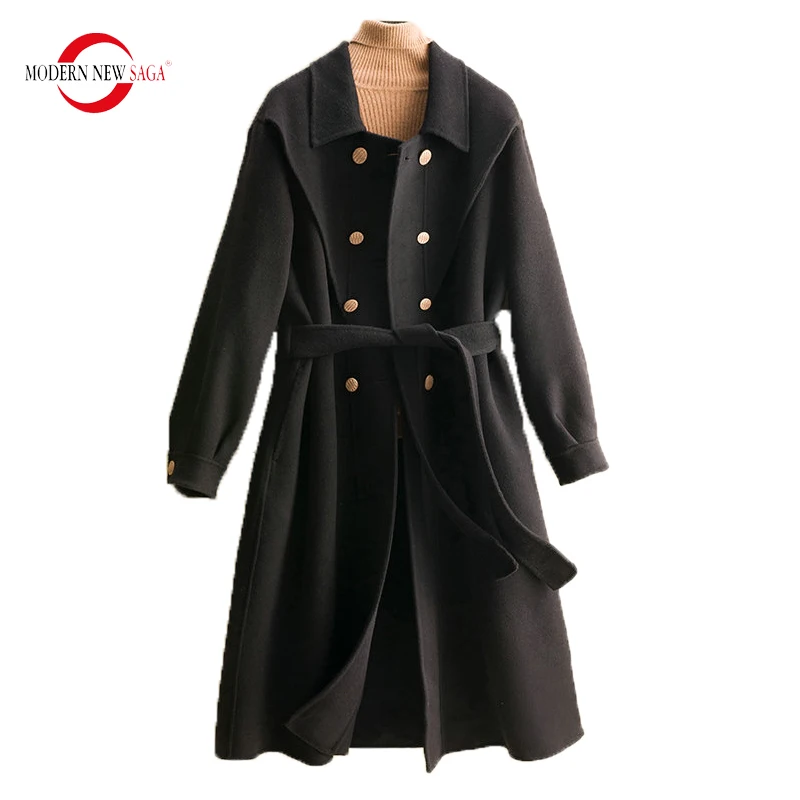 MODERN NEW SAGA 100% Wool Women Long Coat Autumn Warm Woolen Coat Winter Wool Blend Long Jacket Overcoat With Belt Parka Women