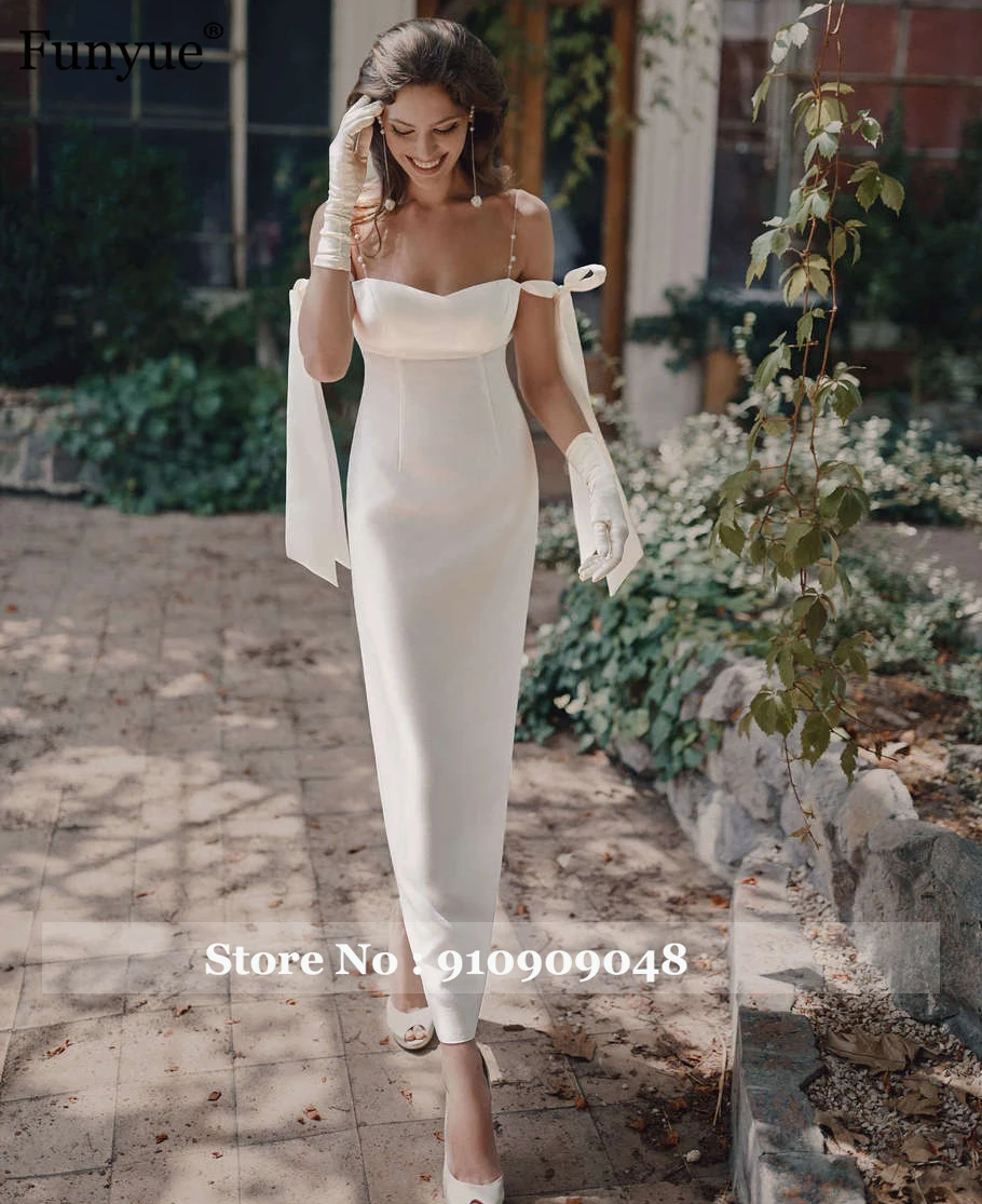 Customized Funyue Simple Short Wedding Gowns Elegant Satin Pearls Spaghetti Straps Sheath White Bride Dress Vestido De Noiva