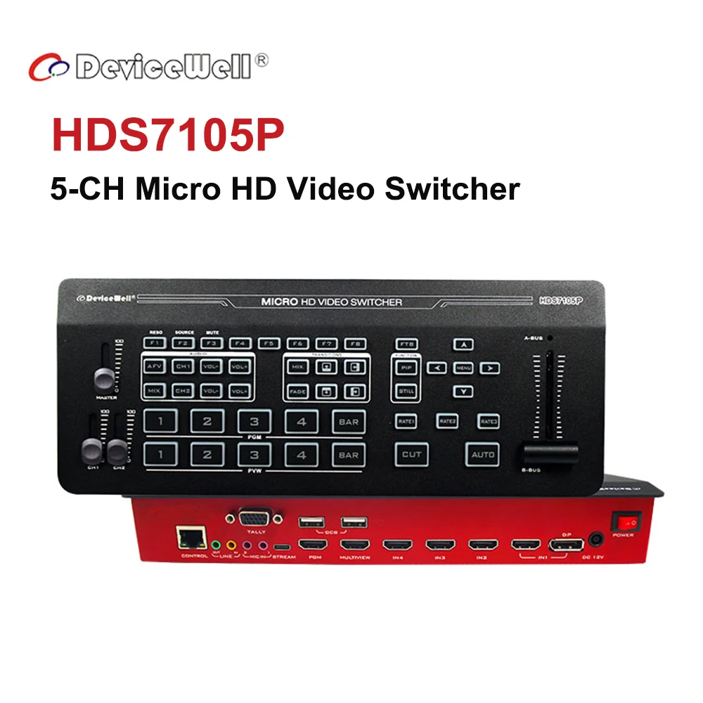 

Видеопереключатель DeviceWell HDS7105P 5-канальный Micro HD, панель управления 4 * HDMI-совместимость, 1 * DP, переключатель для новых медиа, прямых трансляций