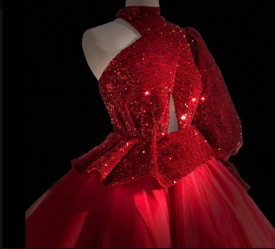 JaneVini-vestido de fiesta de lentejuelas Rojas brillantes, quinceañera, un hombro, manga larga, satén, largo hasta el suelo, dulce 16, para graduación