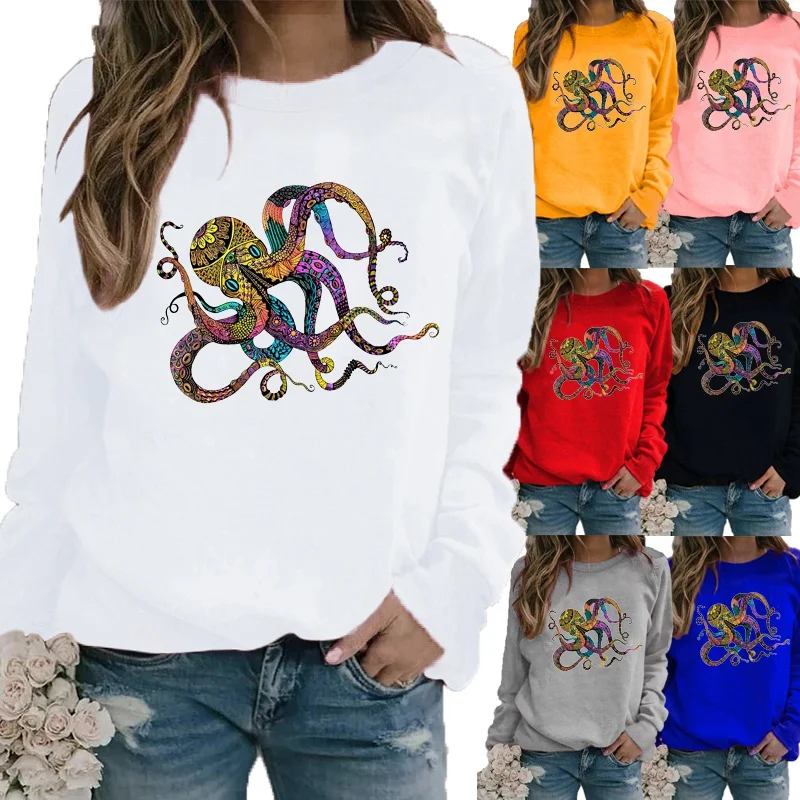 

Winter Fashion Colored Octopus Printed Graphic Tee Round Neck T-shirt Casual Long Sleeve Tops Comfortable Sports Sweatshirt
