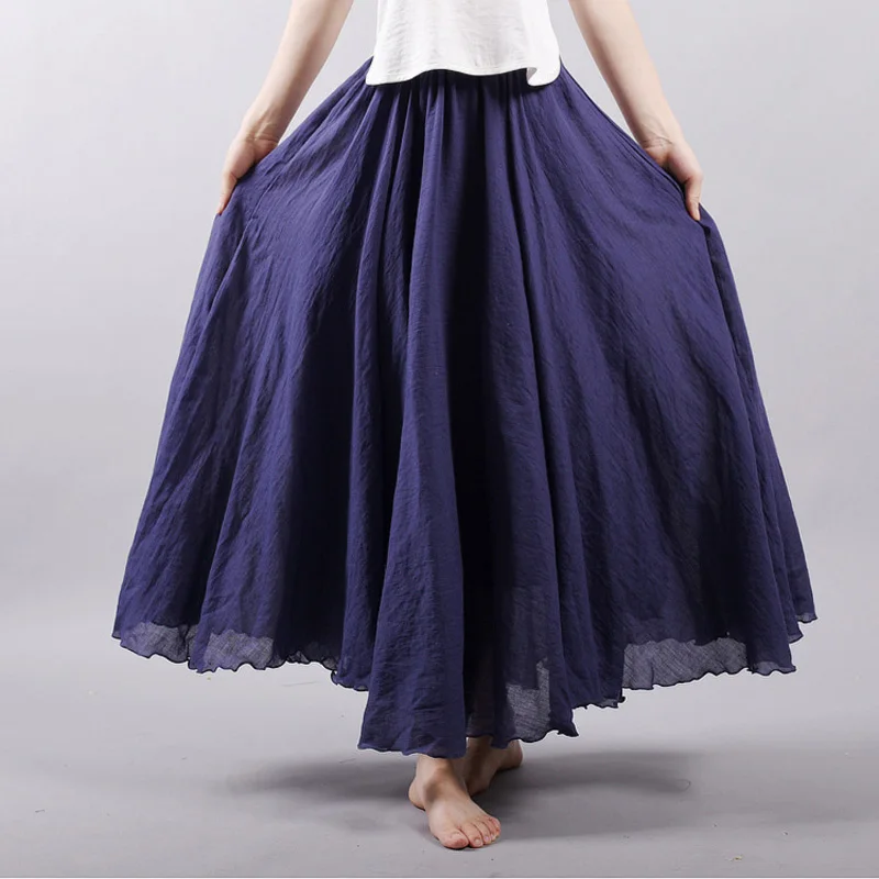 Women's Elegant High Waist Linen Maxi Skirt 2024 Summer Ladies Casual Elastic Waist 2 Layers Skirts saia feminina