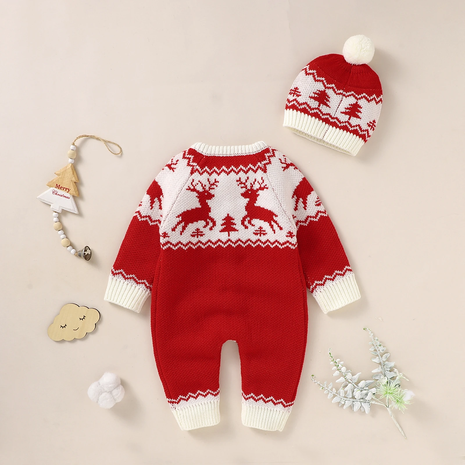 My First Christmas Clothes Rompers Overalls  Casual Long Sleeve Jumpsuit with Hat Cute Fawn Knitted Single-breasted  Long Pants