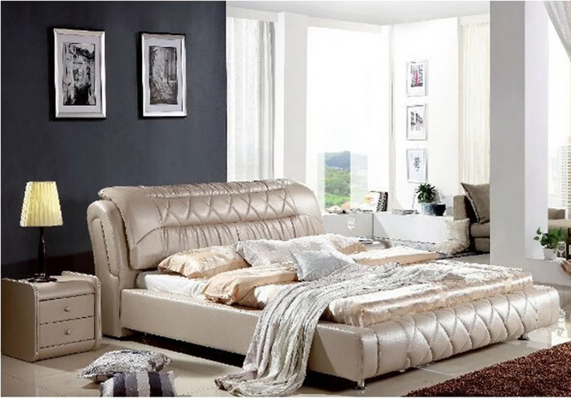 High quality factory price royal large king size Genuine leather soft bed bedroom furniture 0543