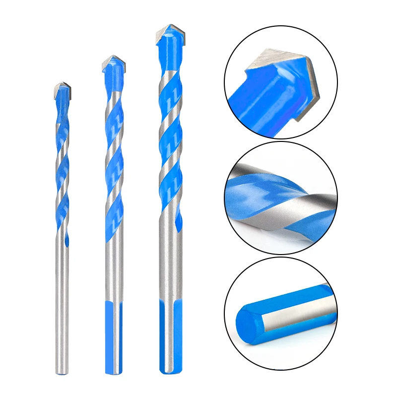 1pc 3-12mm Hreaded Triangolo Carburo Manico Rotondo Blu Overlord Trapano Parete Piastrelle Cemento Marmo Punta da trapano elettrico per uso domestico