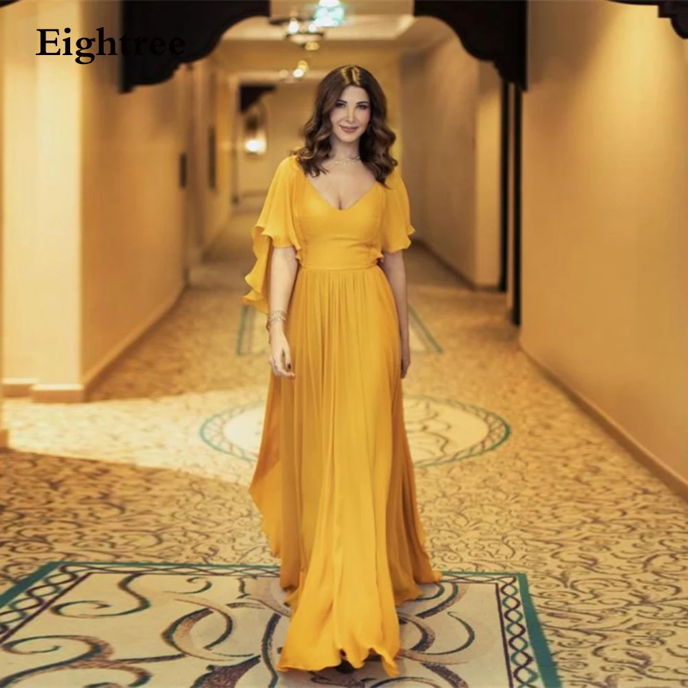 

Saudi Arabia Yellow Long V Neck Night Party Dress Short Sleeves A Line Celebrity Prom Dresses Vestidos de festa Evening Gowns