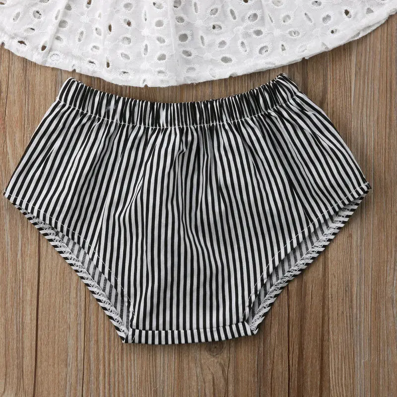 Conjunto de roupas de verão para bebês, ombro, manga curta, shorts listras, bandana, roupas recém-nascidas, renda, 0-24M, 3pcs