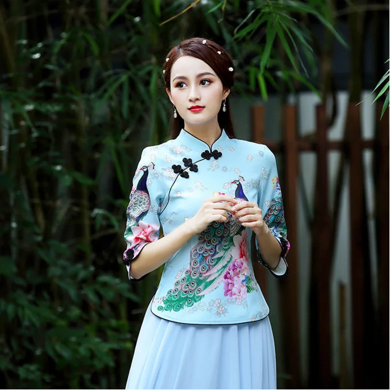 

SHENG COCO S-4XL Blouse Chinese Traditional Cheongsam Blouse Peacock Printing Qipao Tops Ladies Shirts Improve Moden Hanfu