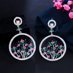 CWWZircons Elegant Unique Fancy Flower Round Dangle Drop Long Party Earrings for Women Cubic Zirconia Jewelry Accessories CZ981