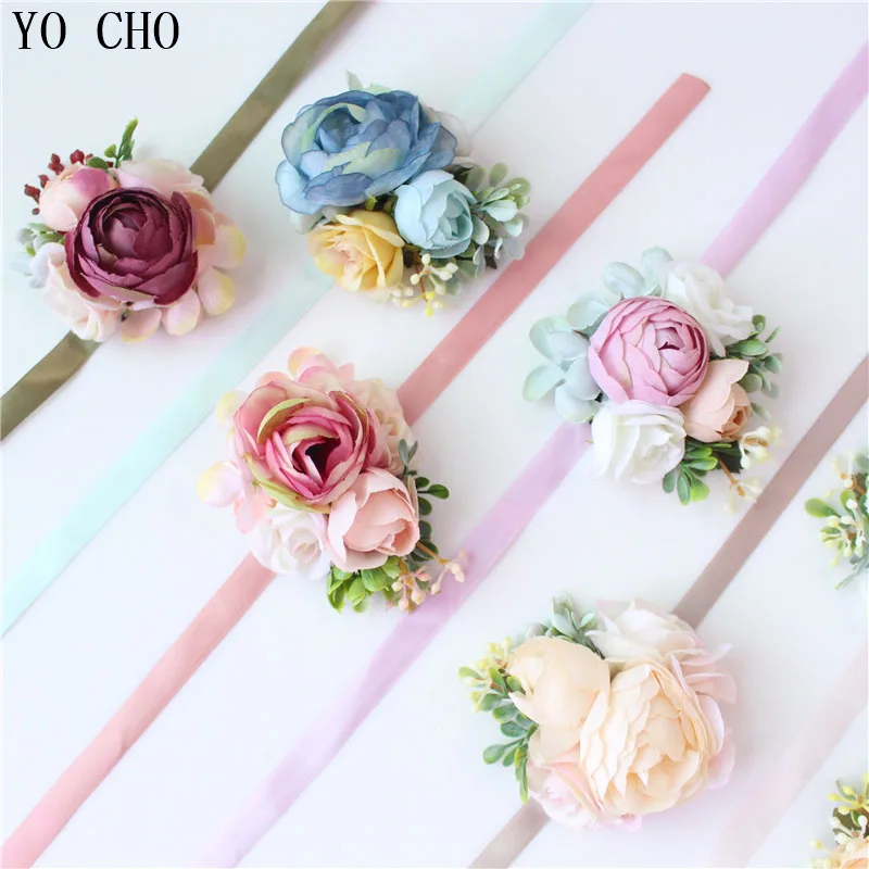 YO CHO Wrist Corsages Artificial Silk Rose Flower Men Boutonniere Bride Wedding Wrist Corsage Girl Bracelet Flower Groom Brooch