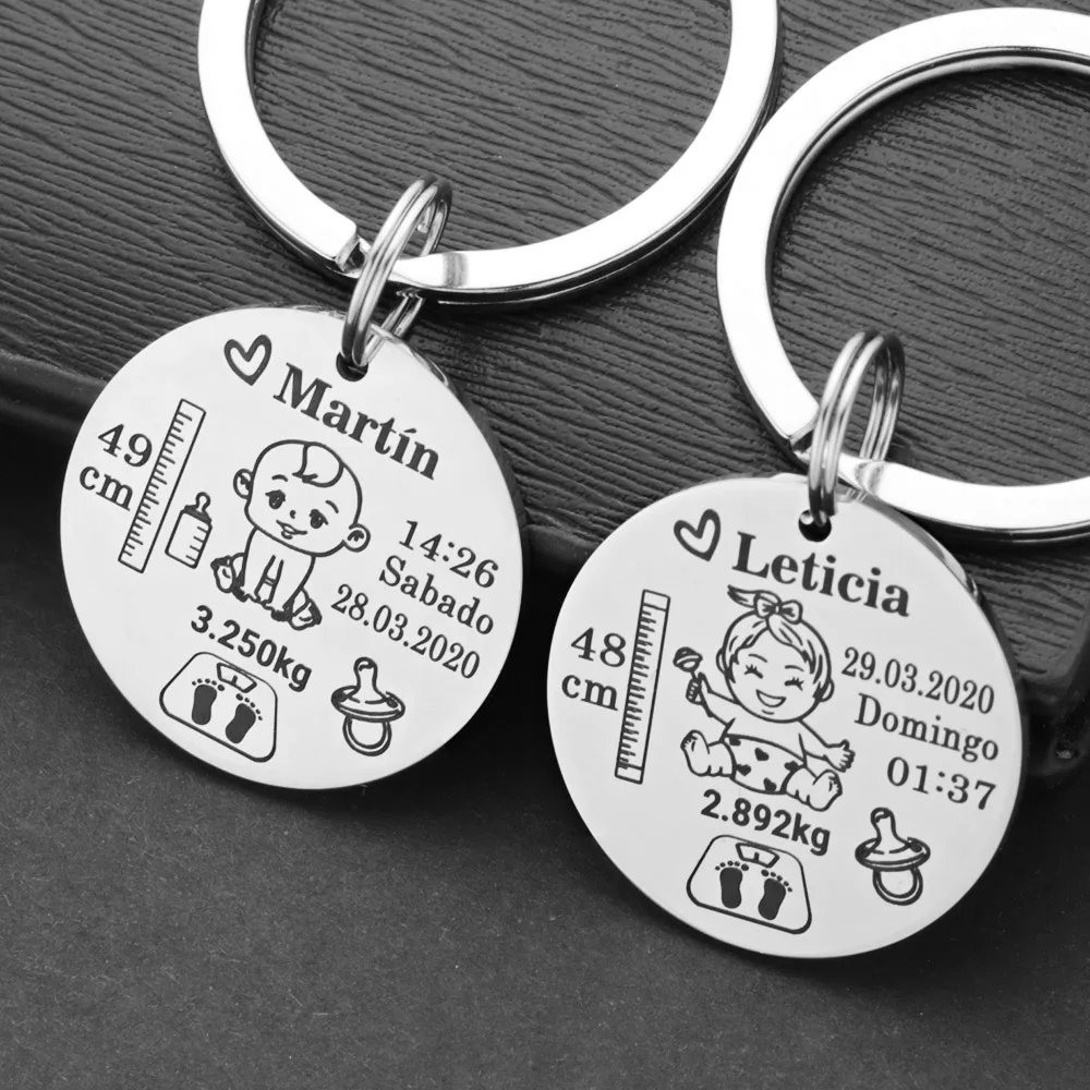 Adorável personalizado bebê meninos meninas chaveiro nome nascimento peso altura para recém-nascido comemorar nova mãe pai presente chaveiro p026_c