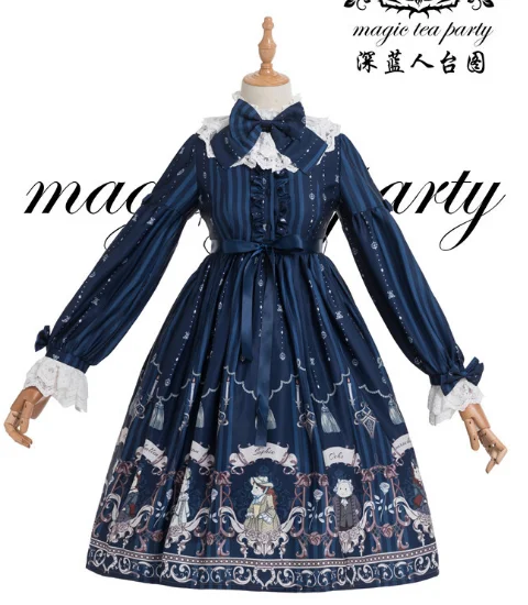 Japanese sweet lolita dress vintage stand puff sleeve high waist cute printing victorian dress kawaii girl gothic lolita op loli