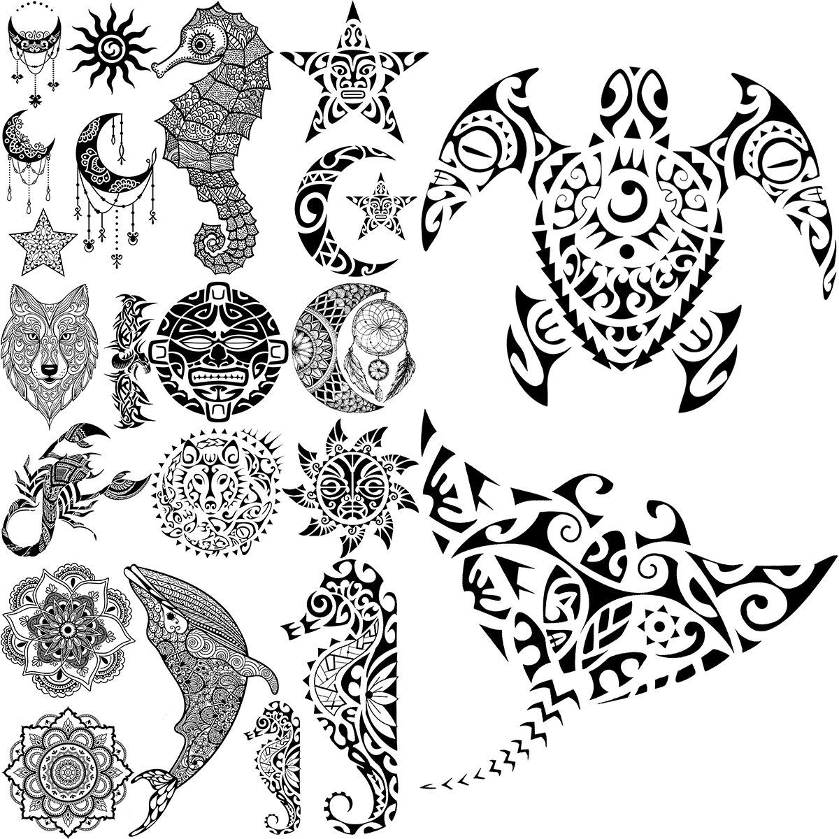 

Black Tortoise Turtle Temporary Tattoos For Women Adults Seahorse Mandala Whale Dream Catcher Fake Tattoo Sticker Body Tatoos