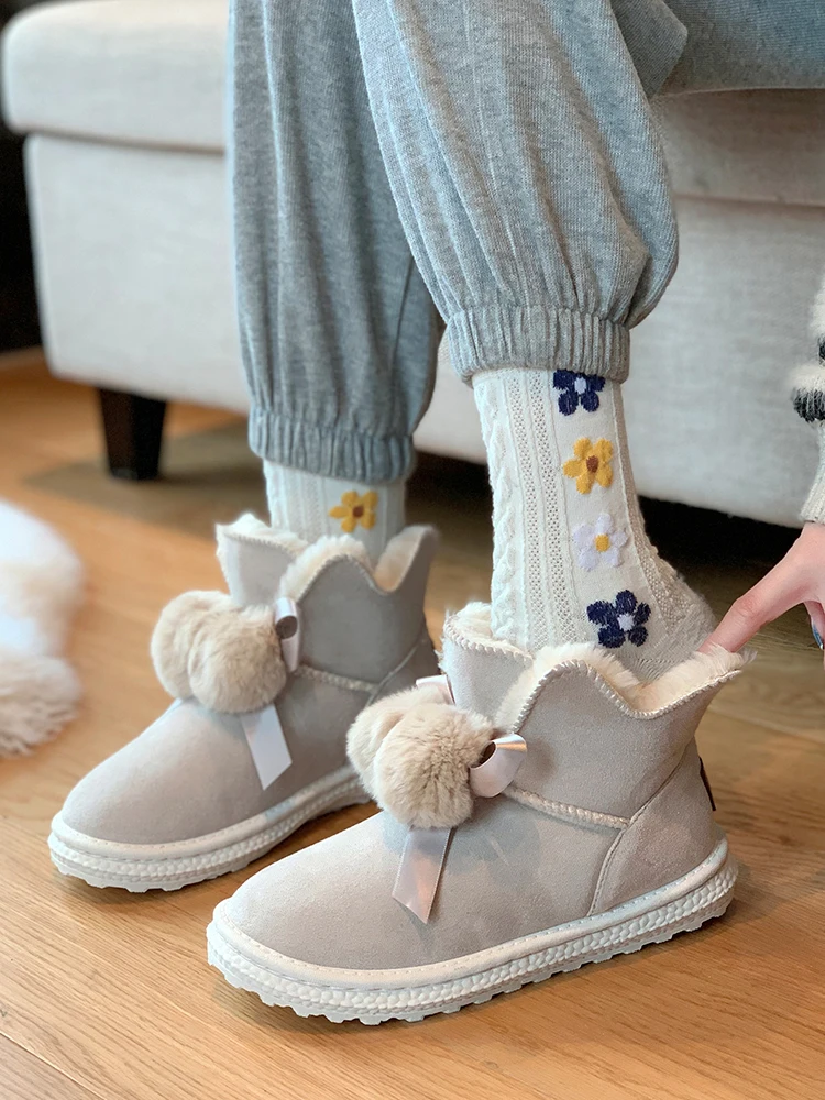 Plush Cotton Shoes Women's Shoes Winter 2021 New Fashion Bow Suede Thick-soled Warm Snow Boots  Platform Shoes