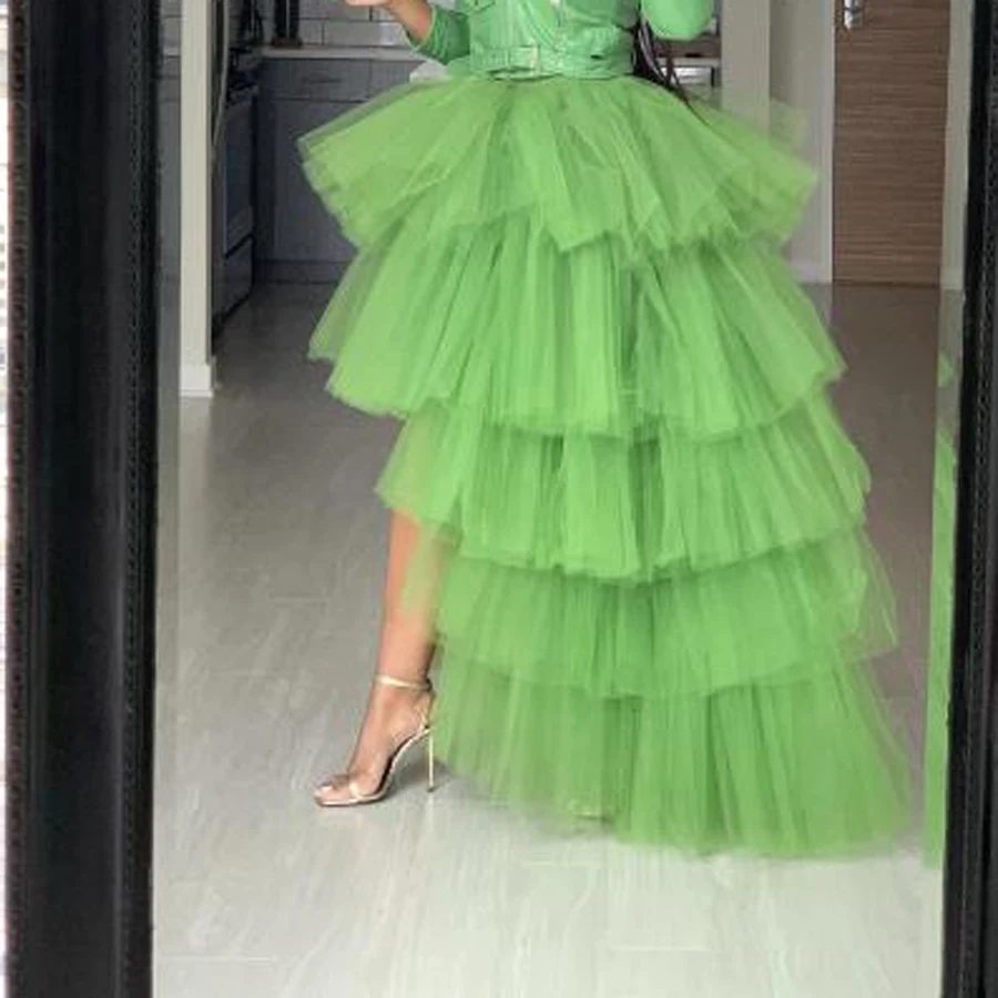 2020 Spring Grass Green Ruffles Tiered High Low Tulle Skirts Women Elastic Custom Made Long Puffy Tulle Skirt Women Fashion Tutu