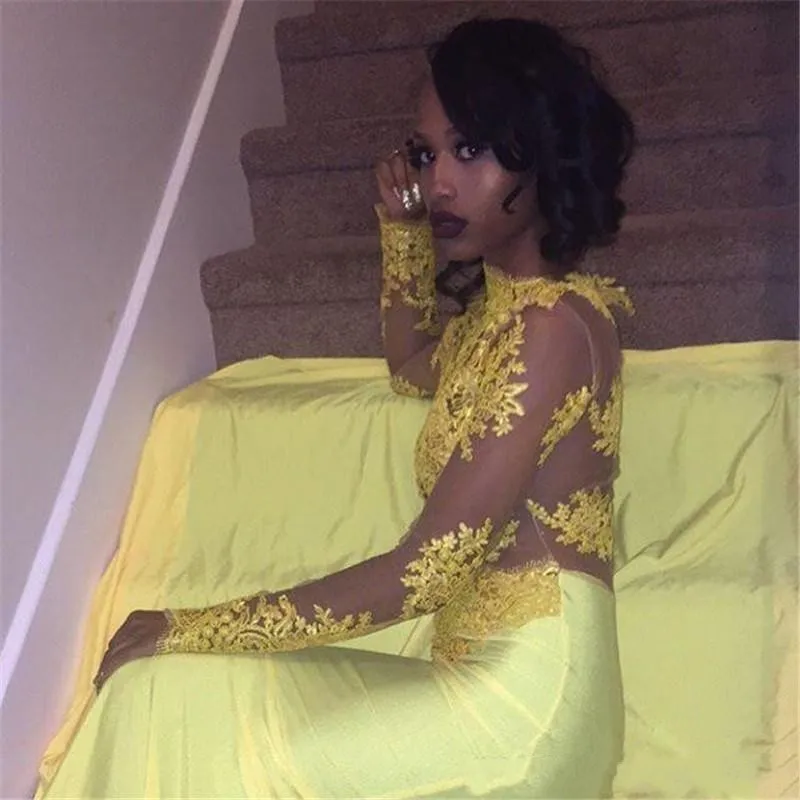 Pretty Yellow African Lace Appliqued Prom Dress Mermaid Long Sleeve Banquet Evening Party Gown Custom Made robe de soriee