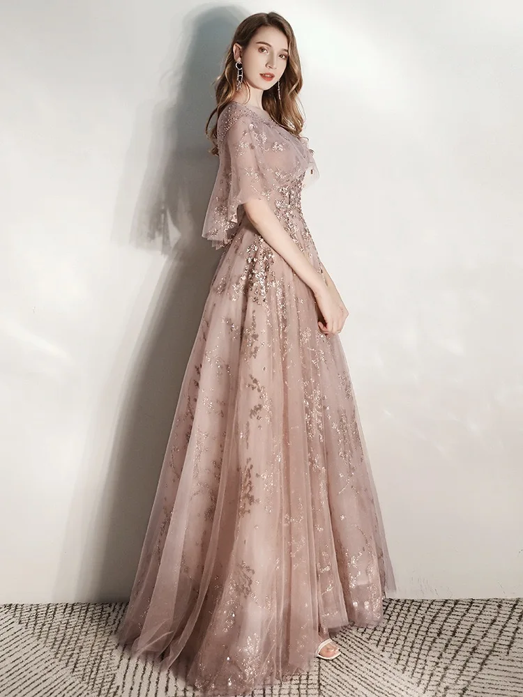 Neue Tüll lange Ballkleider halbe Ärmel Luxus Perlen schiere Hals Brautjungfer Kleid elegante Hochzeit Bankett formelle Kleid Party