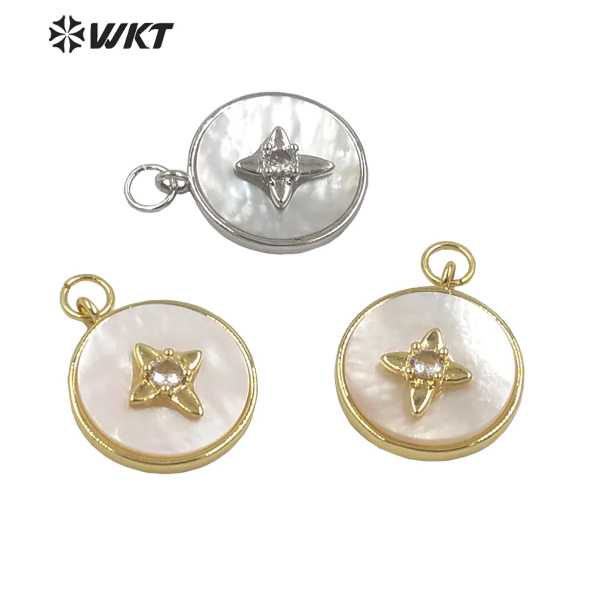 WT-JP287 Shiny Zircon with Four leaf Flower Circular Gold Plate Silver Plated Mother of Pearl Pendant Jewelry Necklaces Earring