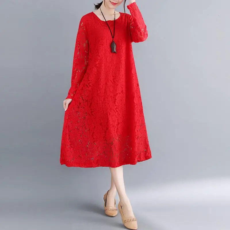 Long Sleeve Lace Dress 2023 Women Vintage Spring Ladies Dresses Casual Woman Elegant Black Pink Dress Vestidos Vestido