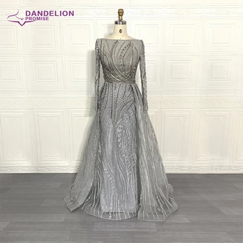 여성용 두바이 긴 소매 이브닝 드레스 2021 인어 레이스 보트 넥 크리스탈 수제 비대칭 케이프, 공식 파티 가운 