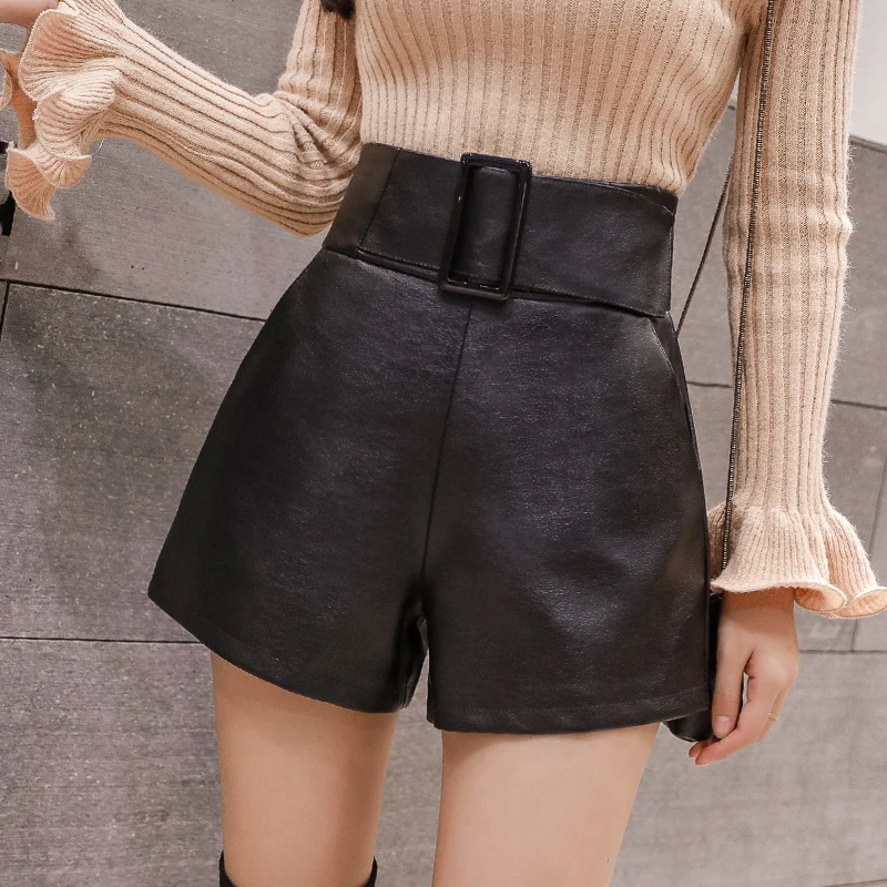 

Women's PU Leather Shorts With Sashes Belts High Waist Autumn Winter Elastic Waist Ruffles Short Pants Lady Faux Leather Shorts