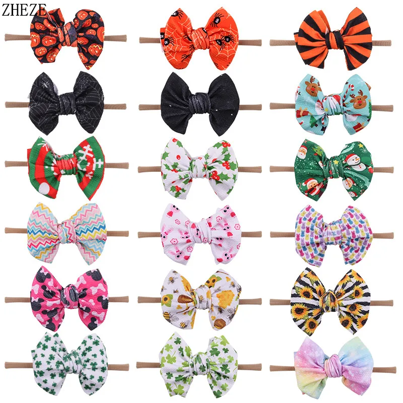 

2Pcs/Lot New Print 4.5'' Waffles Bow Hairband For Girls Nylon Headbands Texture Elastic Kids Newborn DIY Hair Accessories Femme