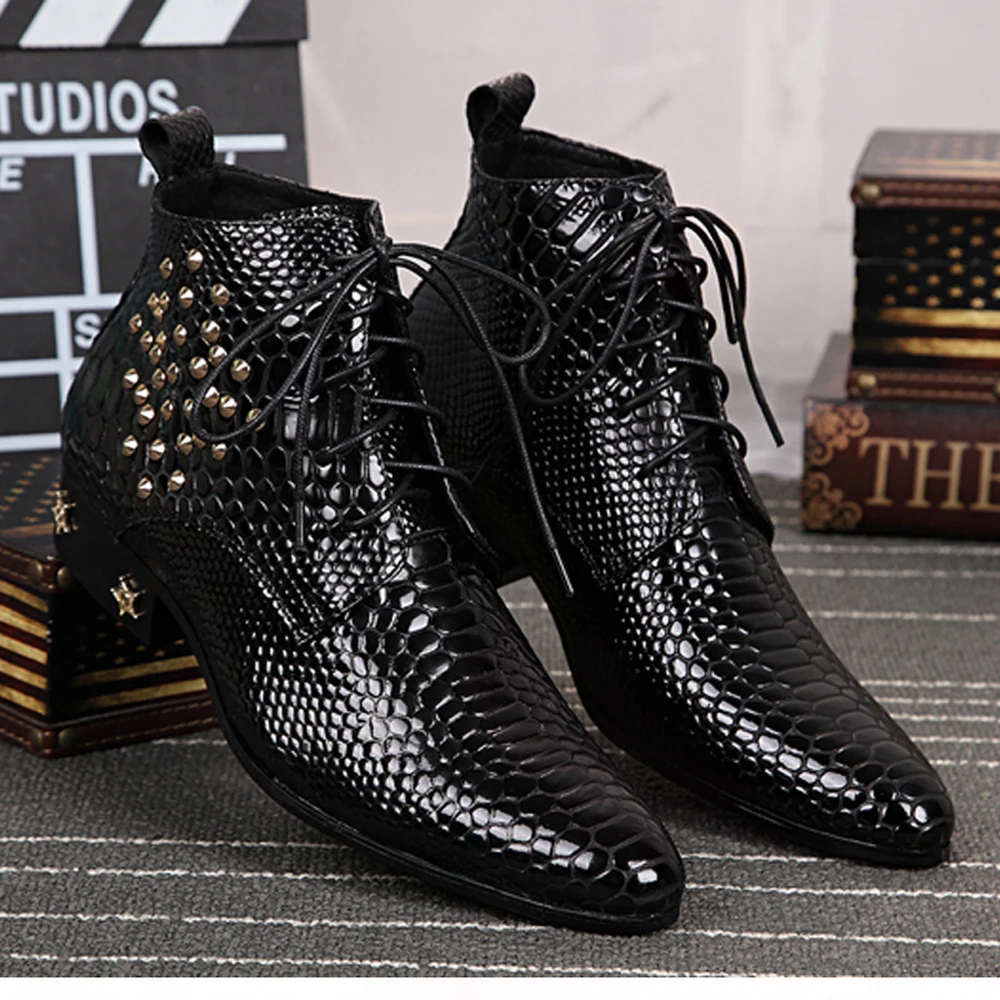 Autumn Genuine Leather Men\'s boots Chelsea Fashion Rivet Lace-up High quality Bright leather Pointed shoes Dress Boots
