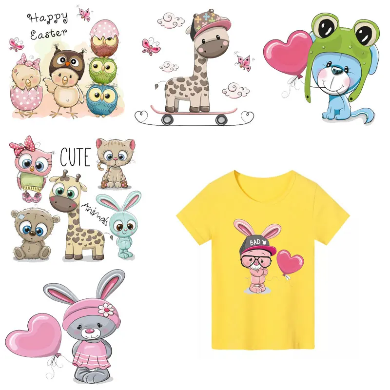 Cute Small Animal Set Iron on Patches Owl Unicorn Cat Dog Kids Heat Transfer Stickers Clothing Application Diy T-shirt Vinyl