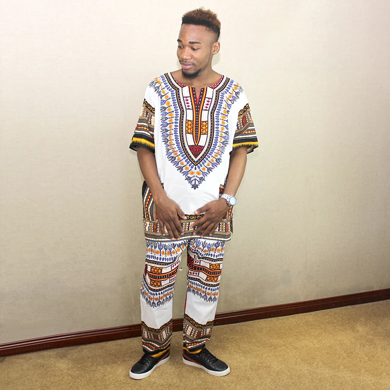 

African Tribal Print Men's white Set: Short Sleeved Top and Pants Vivid Ethnic Patterns, Perfect for Casual Wear Unique Fashion
