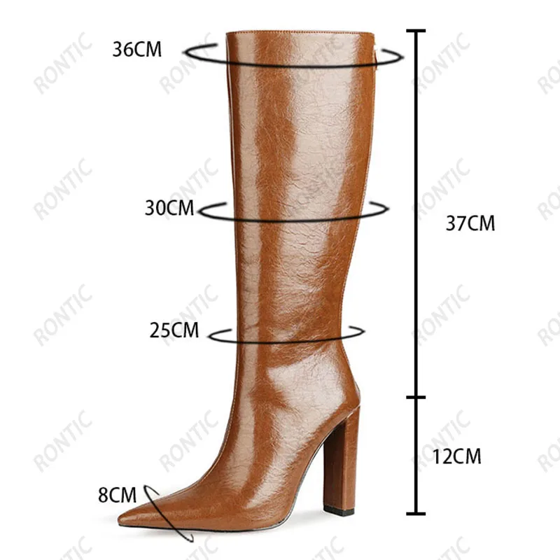 Rontic Handmade Women Winter Knee Boots Faux Leather Unisex Chunky Heels Pointed Toe Nice Black Red Camel Party Shoes Size 34-45