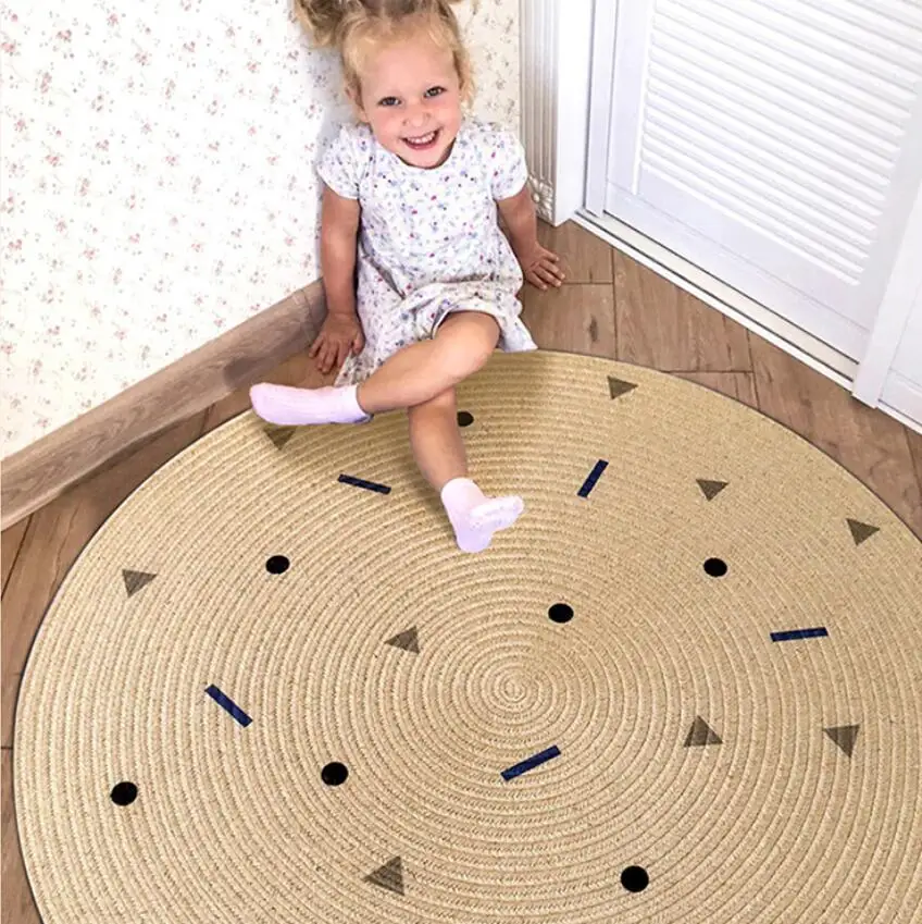 Nordic Household Hand-Woven Jute Carpet 100% Natural Woven Style Round Area Rug Double-sided Decorative Children Play Mat Tapis