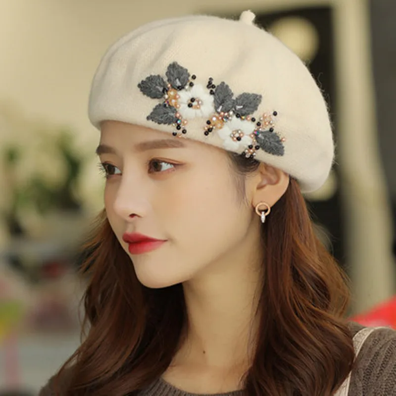 Beret Hats for Women French Artist hat Fashion Ladies Winter Beanie Embroidered Handmade Flower with Colorful Crystal