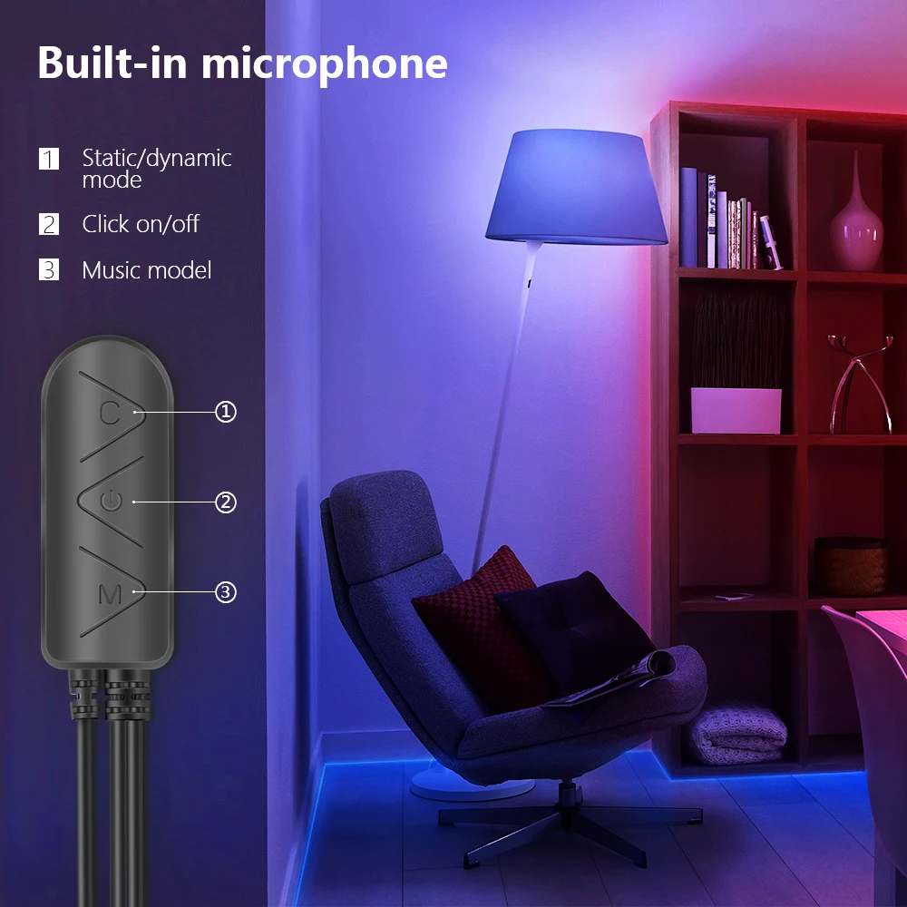 Tira de luces LED RGB 5050 con sincronización de música, colores cambiantes, micrófono incorporado, cuerda de luces controladas por aplicación, 5M,