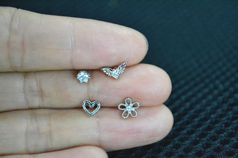 Free shippment LOT50pcs Body Jewelry Piercing -1.2X8MM Flowers Heart Shape Lip Labret Ring Ear Helix Bar Lip Piercing Sliver