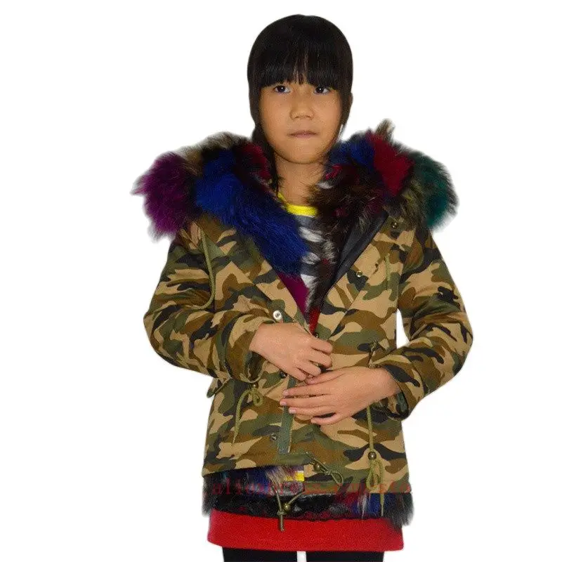 

Camouflage Fur Parka Fashion Girls&Boys Winter Colorfully Real Fox Inner Fur Winter Warm Fur Jacket For Children