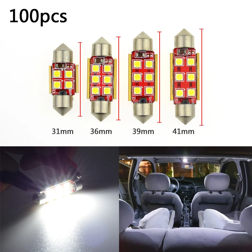 

100 шт. Canbus C5W светодиодная гирлянда 31 мм/36 мм/41 мм 3030 SMD освещение салона автомобиля купольное освещение для Чтения номерного знака 12 в 24 в 6000K белый