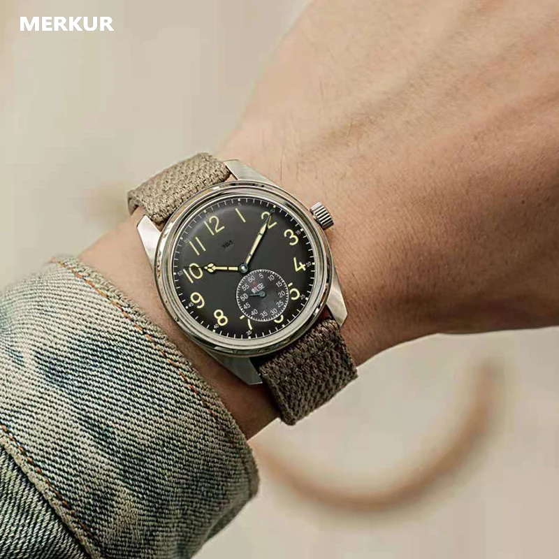 MERKUR Made China 304 Pilot Watch Mechanical Mens Subsecond Hand Watch retro oil yellow luminous handwind Watch for Men