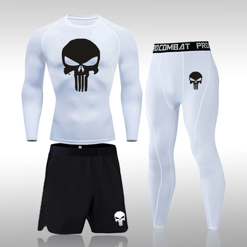 Men Compression Set MMA Long or Short Sleeve T-shirt Men\'s Tight Pants Fitness Bodybuilding Clothes Skull Rashguard Sports Suits