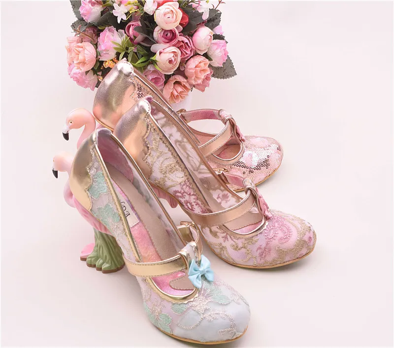 Flamingo High Heel Pumps Women Pink Weding Shoes Bridal Round Toe Slim Shallow Flower Print Bling Sequins Zapatos De Mujer