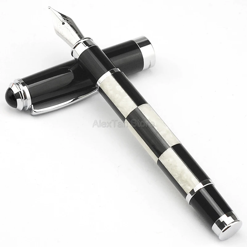 Fuliwen Celluloid Fountain Pen Medium Nib 0.7mm , Black & White Squares Pattern Ink Pen For Best Stationery Writing Gift Pen