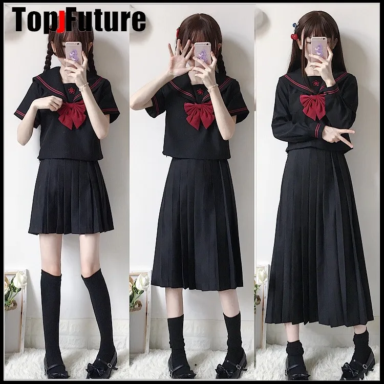 HIHG GRADE Red Sakura Embroidery Japanese Uniforms Black Cute Sailor Tops Pleated Skirt Full Sets Cosplay JK Costume