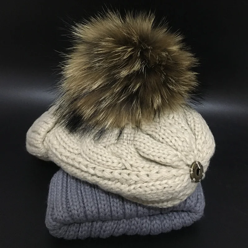 2021 Raccoon Fur Pompom Hat Female caps Women\'s hats Add velvet Fleece Inside Beanies Winter Hats for women men children