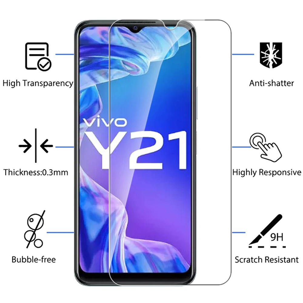 2Pcs 10D กระจกนิรภัยสำหรับ Vivo Y21 Clear ป้องกันสำหรับ Vivo Y21 Vivi Y 21 21Y 6.51 "หน้าจอป้องกันฟิล์ม