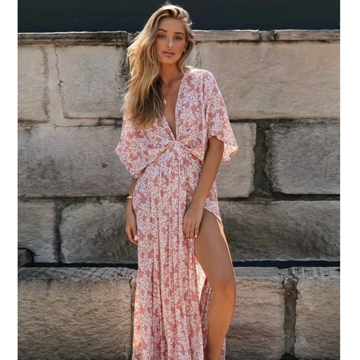 Boho 2022 Summer Floral Printed Split Sexy Maxi Dress Deep V Neck Short Sleeve Vintage Vestidos Casual Clothes Women Dresses