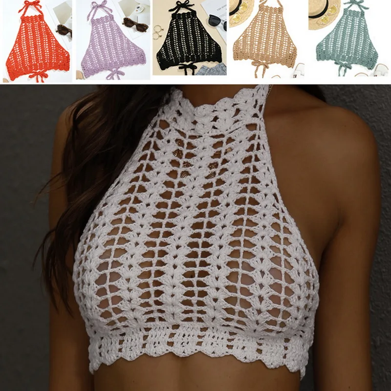 H80&S90 New Women Hand Crochet Tank Tops Handmade Knit Swimwear Sexy Bra Bikini Female Cover Up Backless Halter Bra Beachwear