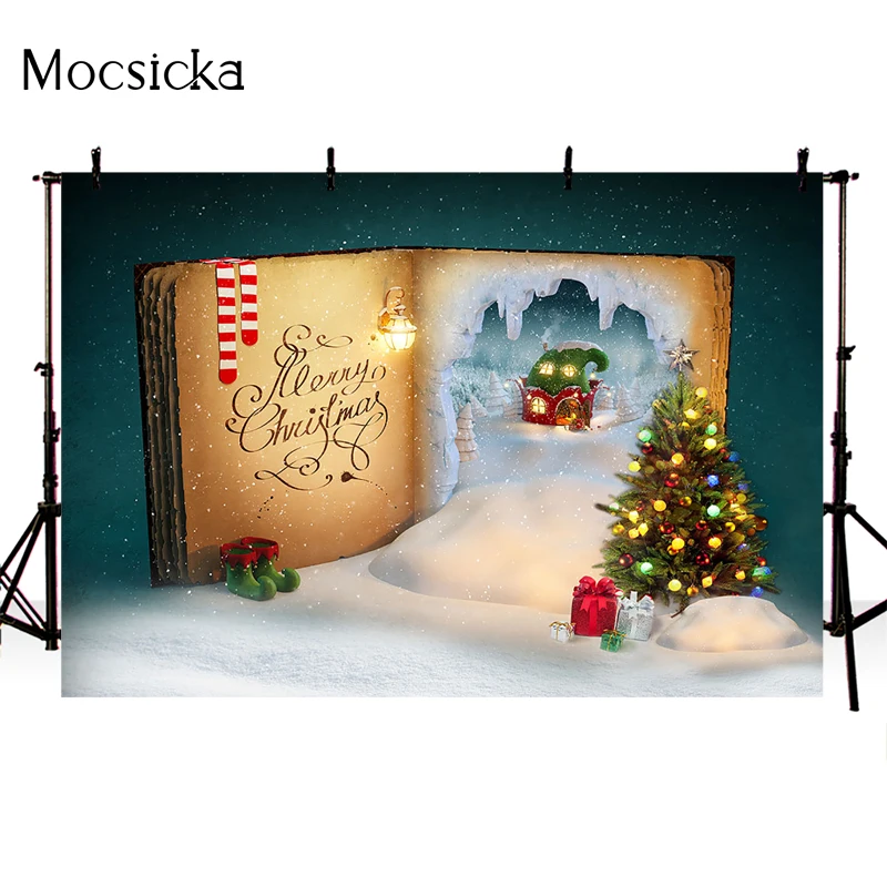 Mocsicka Winter Christmas Background Fairy House Christmas Tree Decoration Child Portrait Photo Backdrop Photography Banner