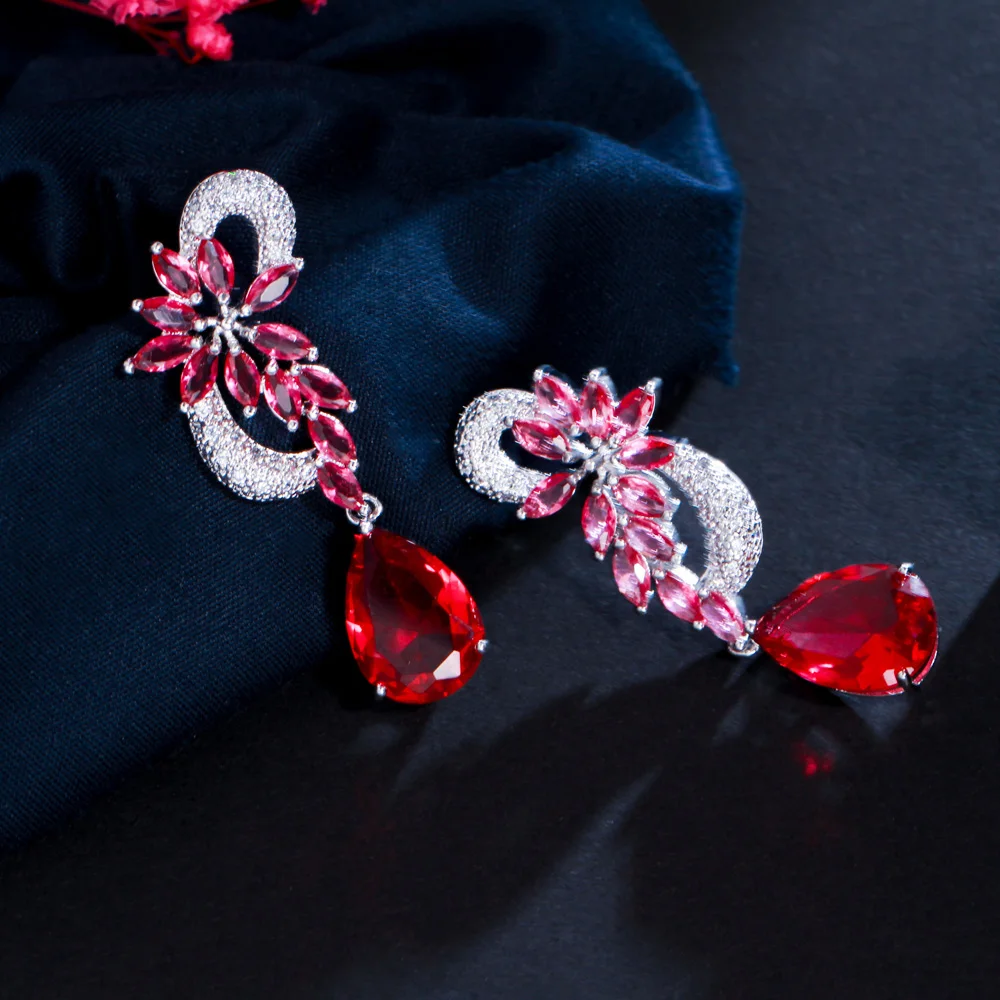 CWWZircons Brand Unique Design Silver Color Luxury Cubic Zircon Flower Drop Stones Long Royal Blue Earrings for Women CZ234 image 3