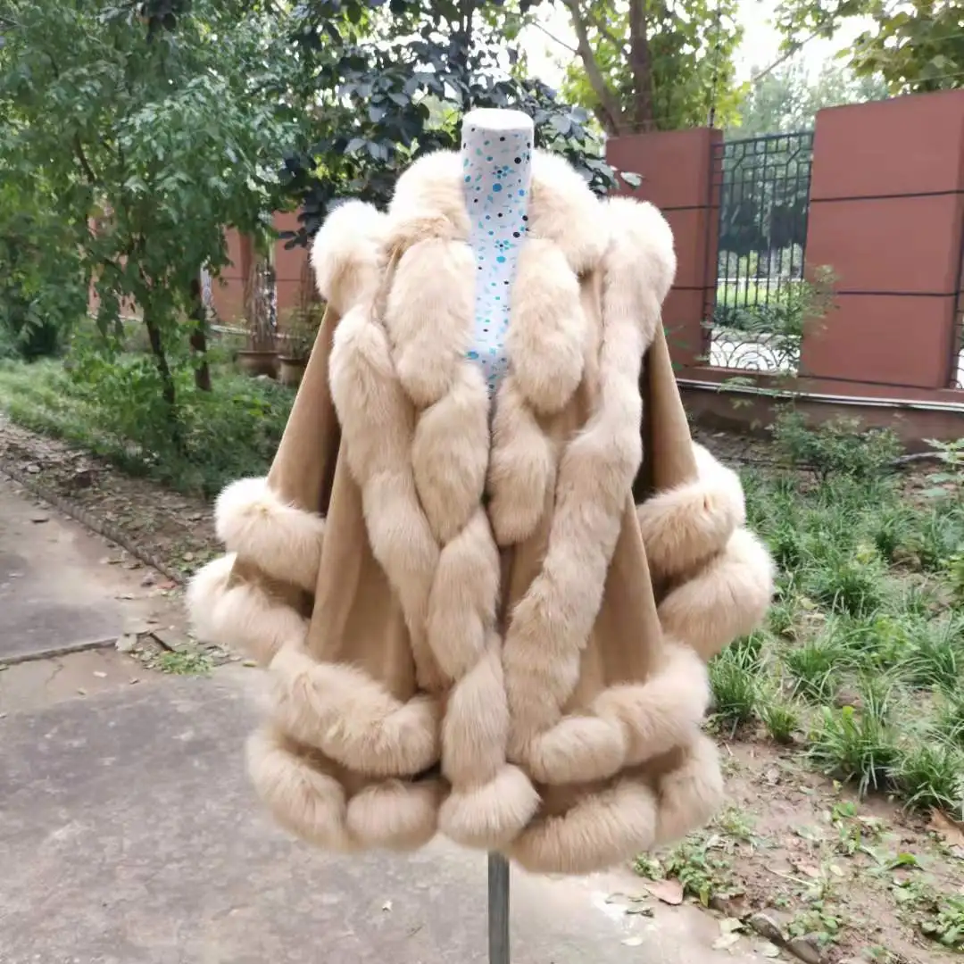 

Custom Adult And Children Size Double Twist Fox Fur Trimmed Cashmere Cape