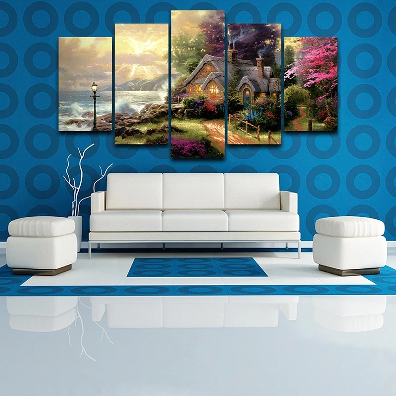 Classic Oil Painting HD Print Canvas Wall Art, 5 Panel, Seashore Cottage, Modular Picture, Modern Frame, Living Room Decor