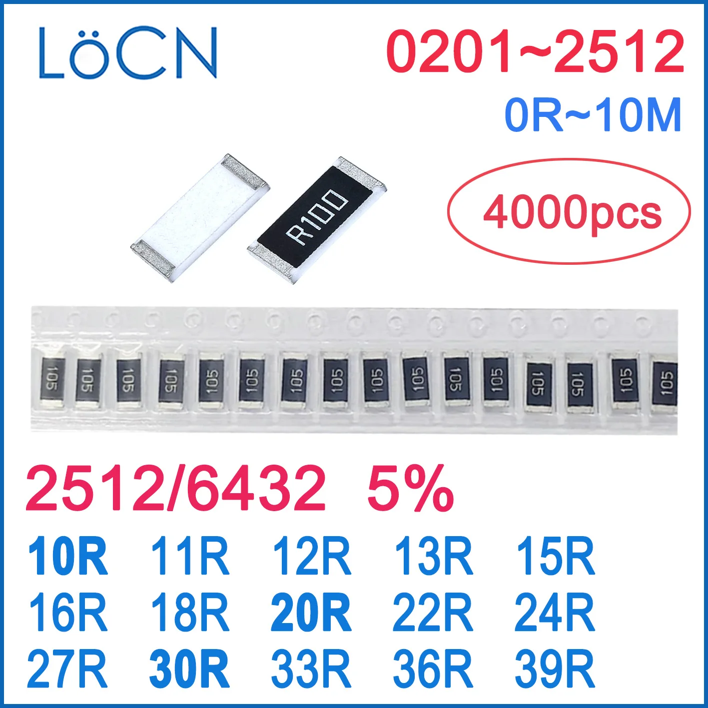 

2512 J 5% 4000pcs 10R 11R 12R 13R 15R 16R 18R 20R 22R 24R 27R 30R 33R 36R 39R OHM High quality 6432 SMD resistor LoCNService